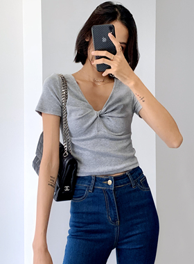 WS STUDIOS 胸前蝴蝶结交叉V领纯色短袖T恤女高腰修身露脐短上衣