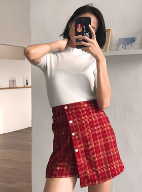 欧美复古少女风爱心纽扣排扣显瘦高腰不规则格子A字短裙裤半身裙