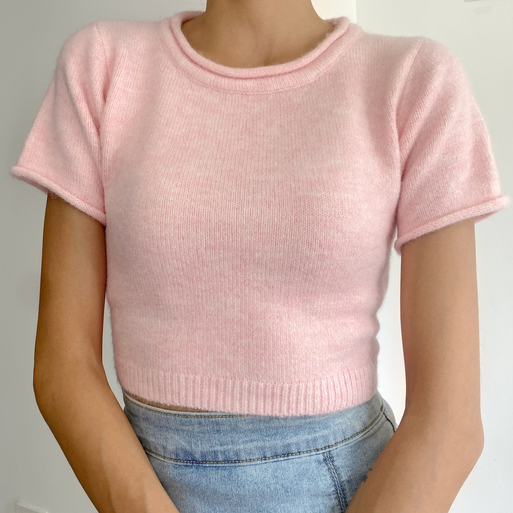 WS STUDIOS小圆领卷边性感修身露腰后背绑带上衣高腰短袖针织衫女