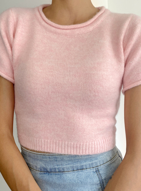 WS STUDIOS小圆领卷边性感修身露腰后背绑带上衣高腰短袖针织衫女