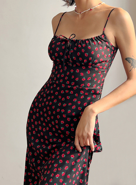 WS STUDIOS 法式复古低领长款碎花吊带裙性感显瘦收腰连衣裙长裙