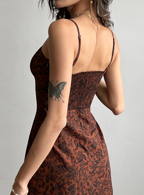 ws studios 欧美风印花吊带裙胸前绑带a字短裙修身收腰无袖连衣裙