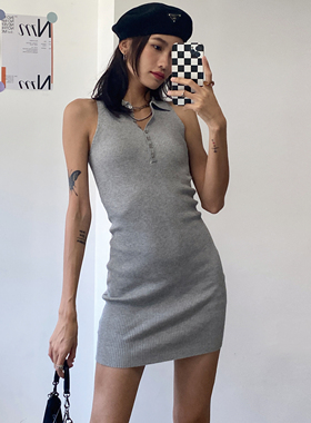 WS STUDIOS欧美风Polo翻领排扣修身无袖针织连衣裙女显瘦包臀短裙