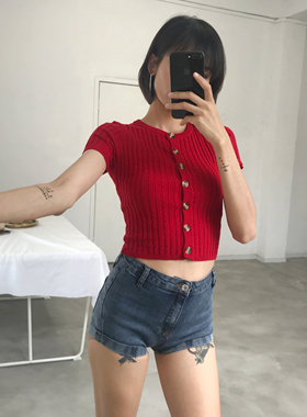 WSSTUDIOS复古麻花条纹单排扣圆领修身短款短袖针织衫上衣开衫T恤