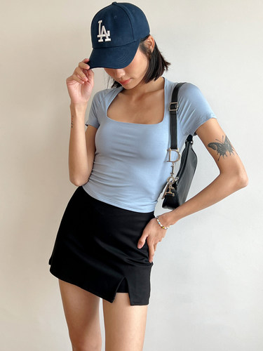 短袖欧美风方领女纯色上衣