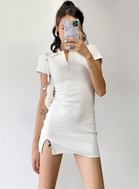 WSSTUDIOS Polo领系扣短裙收腰修身高腰白色短袖侧开叉包臀连衣裙