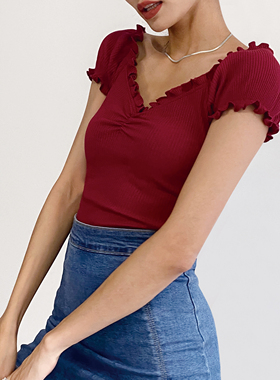 WS 欧美显瘦V领木耳边百搭褶皱泡泡灯笼袖上衣纯色修身短袖T恤女