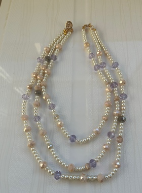 白色琉璃珍珠多层项链粉色紫色捷克水晶珠 很温柔的颜色