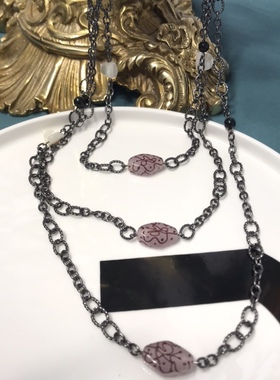 孤品黑色简约手绘花纹琉璃多层长款项链