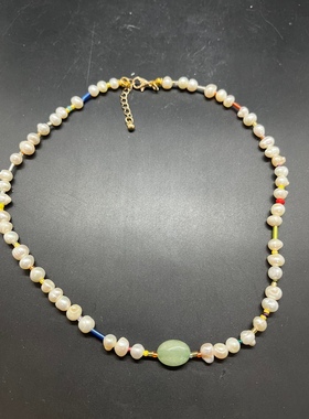 野生淡水珍珠白色玉石绿色不规则短款项链