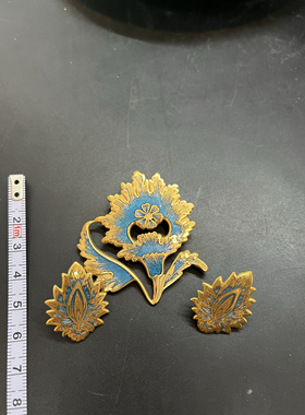 vintage中古MMA蓝色珐琅花卉耳环胸针 一套