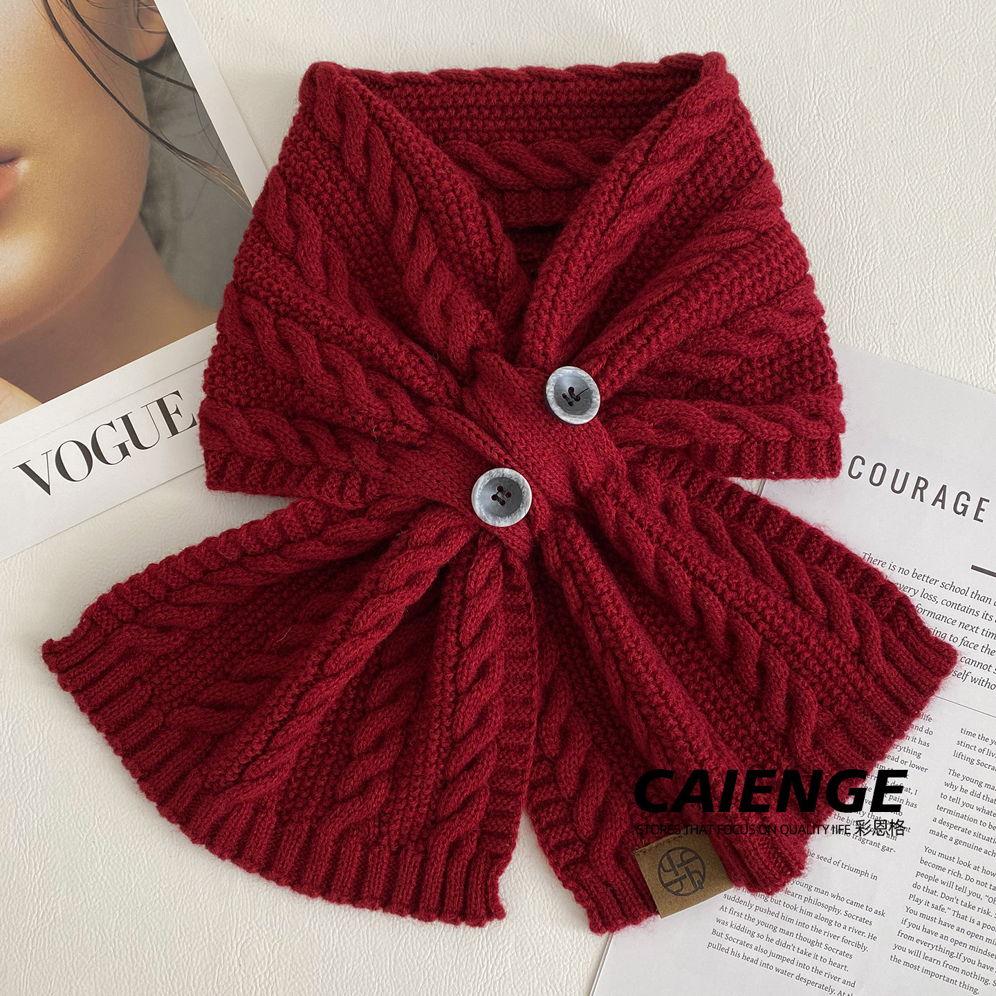 彩恩格韩版保暖麻花针织围脖女冬季懒人护脖围领小领巾粗毛线围巾