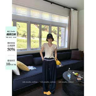 小众设计感宽松休闲拖地裤 MLS 女夏季 头阔腿裤 辣妹ACE 拼接格纹裤