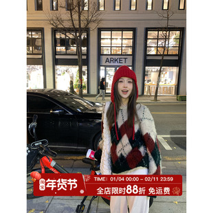 MLS  圣诞预告 氛围感加厚保暖菱格毛衣女春季复古宽松休闲针织衫