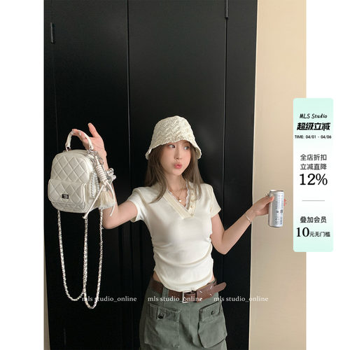 MLS 夏沫情书 法式氧气感蕾丝V领短袖T恤女夏季甜美小众修身上衣