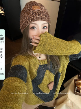 MLS复古美式撞色菱格毛衣女