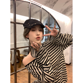 MLS 上衣 薄款 夏日防晒衫 后背镂空条纹T恤女宽松休闲大圆领长袖