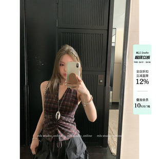 MLS 法式 格纹V领挂脖吊带女夏季 优雅收腰气质背心上衣 撩系大小姐