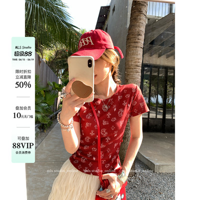 MLS 微醺百利甜 BM风辣妹印花正肩短袖T恤女夏季修身显瘦短款上衣