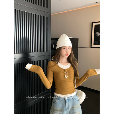 MLS 云朵太妃糖 层次美学 2026春季新款上衣女撞色假两件打底衫