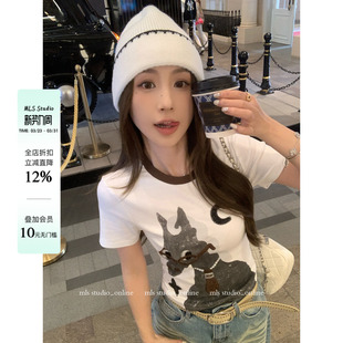 新款 趣味可爱卡通2026春季 上衣女眼镜小马印花T恤 绅士小马 MLS