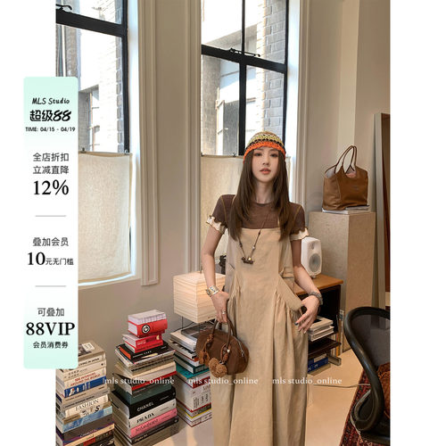 MLS 伦敦艺术生 小众气质工装背带裙女春夏季大口袋宽松休闲长裙