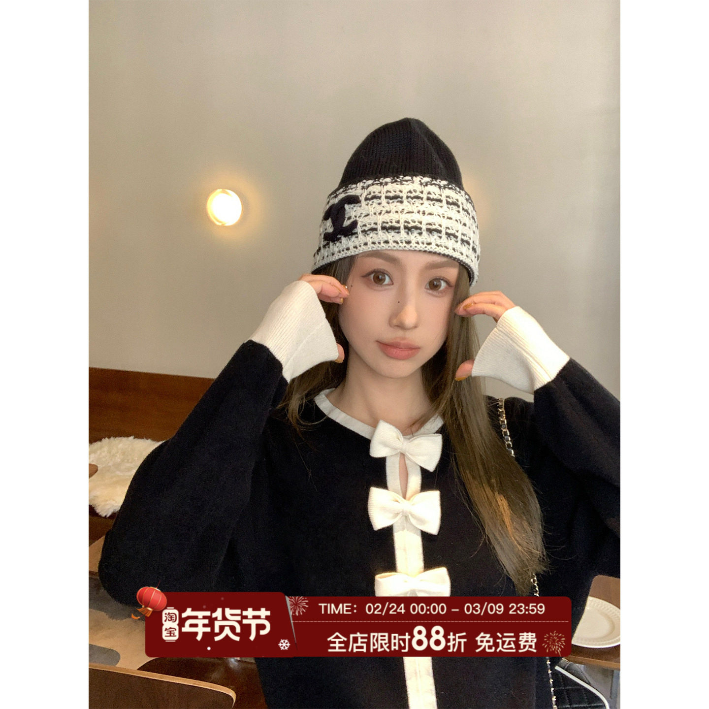 MLS 甜心领结 减龄vibe2025冬季新款上衣女经典立领蝴蝶结针织衫