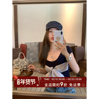 MLS 糖霜蝴蝶结 甜美绑带大圆领短袖T恤女夏季辣妹修身短款上衣