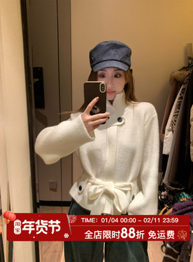 MLS 系腰angle 韩系设计感2025冬季女慵懒收腰立领绑带保暖毛衣