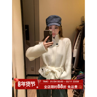 MLS 系腰angle 韩系设计感2025冬季女慵懒收腰立领绑带保暖毛衣