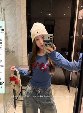 MLS 湛蓝标语 毛晓彤同款立体logo标语印花上衣新款女修身短袖T恤
