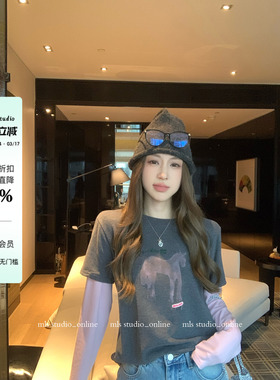 MLS 小马时代 休闲减龄2026春夏新款上衣女印花撞色宽松T恤假两件