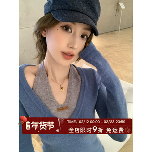 MLS 拼色狙击 miu系叠穿2026春夏新款撞色上衣女假两件挂脖针织衫