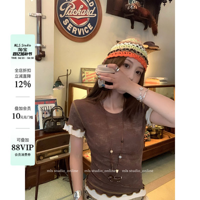 MLS 松弛夏日 假两件纹理感花边短袖T恤女夏季正肩修身短款上衣