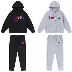 European and American High Street Autumn and Winter Style Blue and Red Towel Embroidery Hoodie Loose Casual Pants