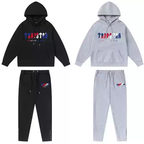 European and American High Street Autumn and Winter Style Blue and Red Towel Embroidery Hoodie Loose Casual Pants