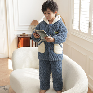 冬季儿童睡衣2023新款男童三层夹棉加绒加厚中长款宝宝家居服套装