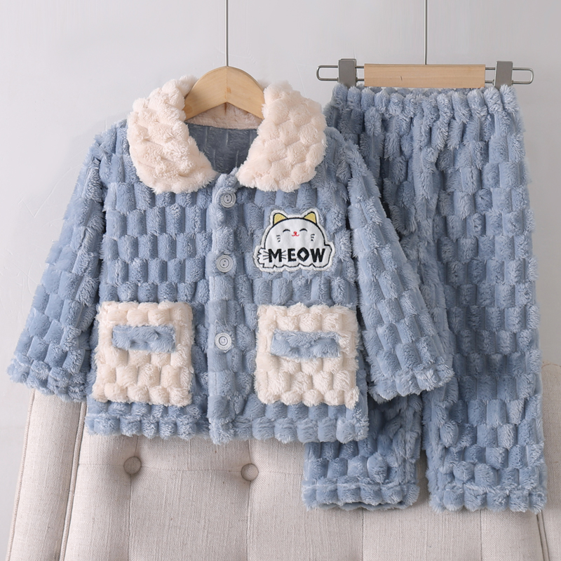 秋冬季儿童法兰绒睡衣男童加厚款男孩宝宝中小童珊瑚绒家居服套装