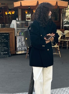 欲望都市~2024新款 高端气质翻领双排扣羊毛呢大衣黑色西装外套女