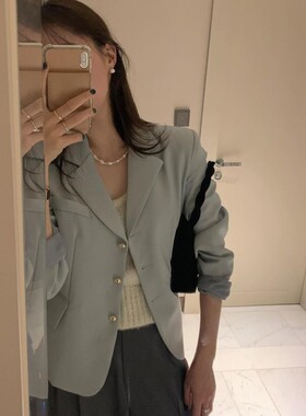里昂春日~2024新款 韩版休闲宽松气质雾霾蓝小个子短款西装外套女