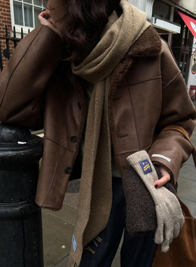 法意小调 2023新款 宽松机车服两面穿加厚咖色皮毛一体外套女冬