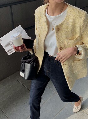 明媚小香风~2024新款 鹅黄色法式气质减龄粗花呢圆领短款外套女春