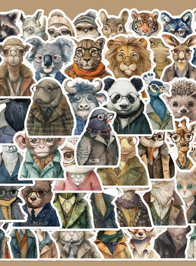 50张水彩动物半身贴纸手账本透明手机壳DIY装饰小图案电脑贴画