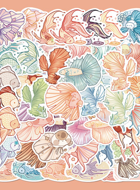 50张原创手绘鱼手账贴纸贴画笔记本电脑本水杯手机壳装饰防水DIY