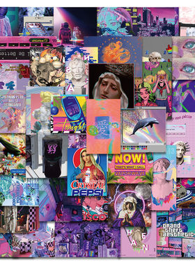 50张蒸汽波迷幻贴纸ins复古艺术涂鸦个性手账装饰自粘DIY防水贴画