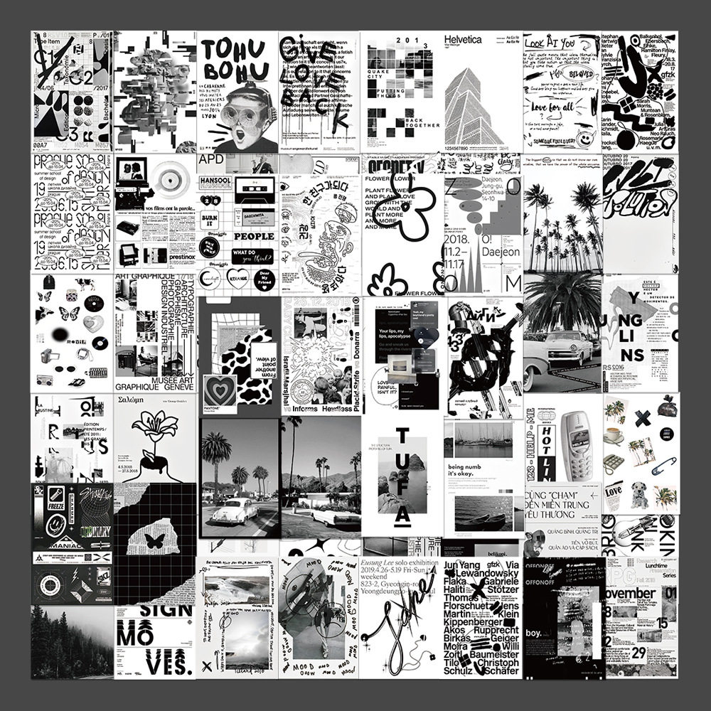 60张小众简约黑白拼贴手账贴纸笔记本电脑手账本手机装饰防水贴画