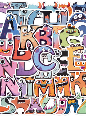 52张卡通怪兽字母贴纸笔记本电脑行李箱手账本手机壳装饰跨境贴画