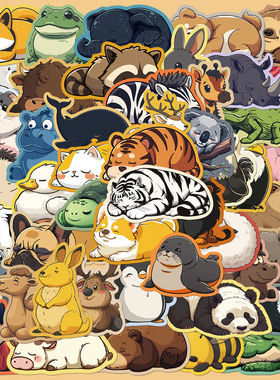 50张彩边胖胖动物贴纸手账透明手机壳DIY装饰小图案行李箱贴画