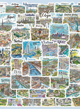 50张手绘旅游地图贴纸小清新手账本透明手机壳DIY装饰小图案贴画