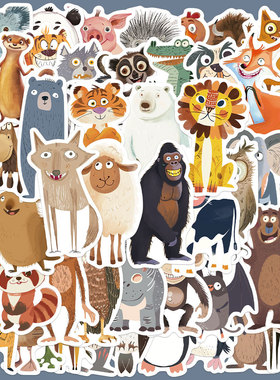 50张卡通抽象动物贴纸可爱装饰小图案手账透明手机DIY充电宝贴画